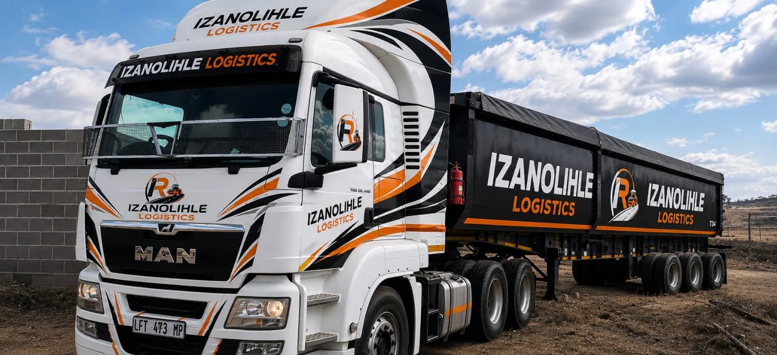 A MAN TGS truck-tractor in Izanolihle Logistics livery, coupled to a side tipper.